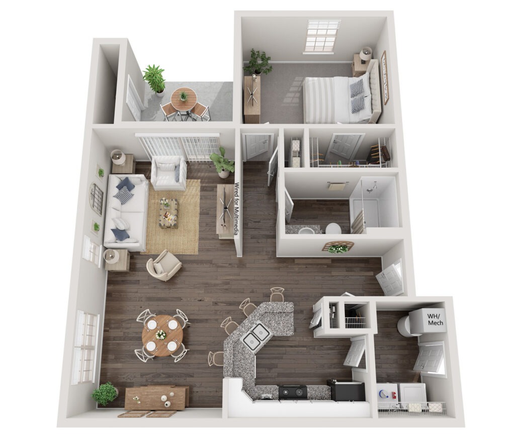 An overhead view of The Waterways at Lake Saint Louis' Brookside IV floor plan with 1 bedroom and 1 bathroom, providing 990 square feet of space.