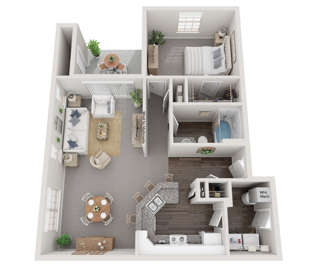 An overhead view of The Waterways at Lake Saint Louis' Brookside II floor plan with 1 bedroom and 1 bathroom, providing 930 square feet of space.