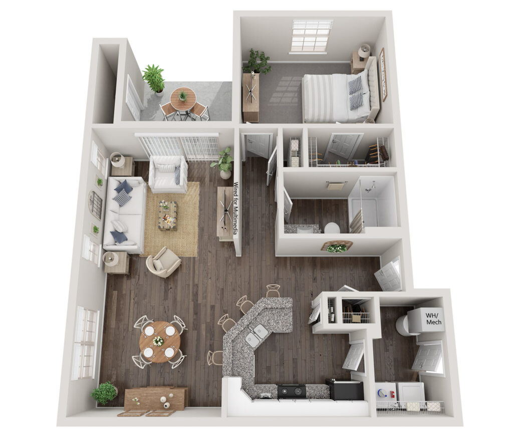 An overhead view of The Waterways at Lake Saint Louis' Waterside III 1-bedroom, 1-bathroom floor plan with 986 square feet of space.