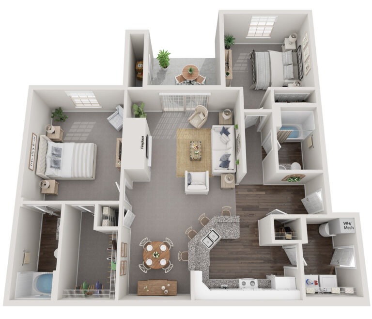 An overhead view of The Waterways at Lake Saint Louis' Riverside I 2-bedroom, 2-bathroom floor plan with 1,150 square feet of space.