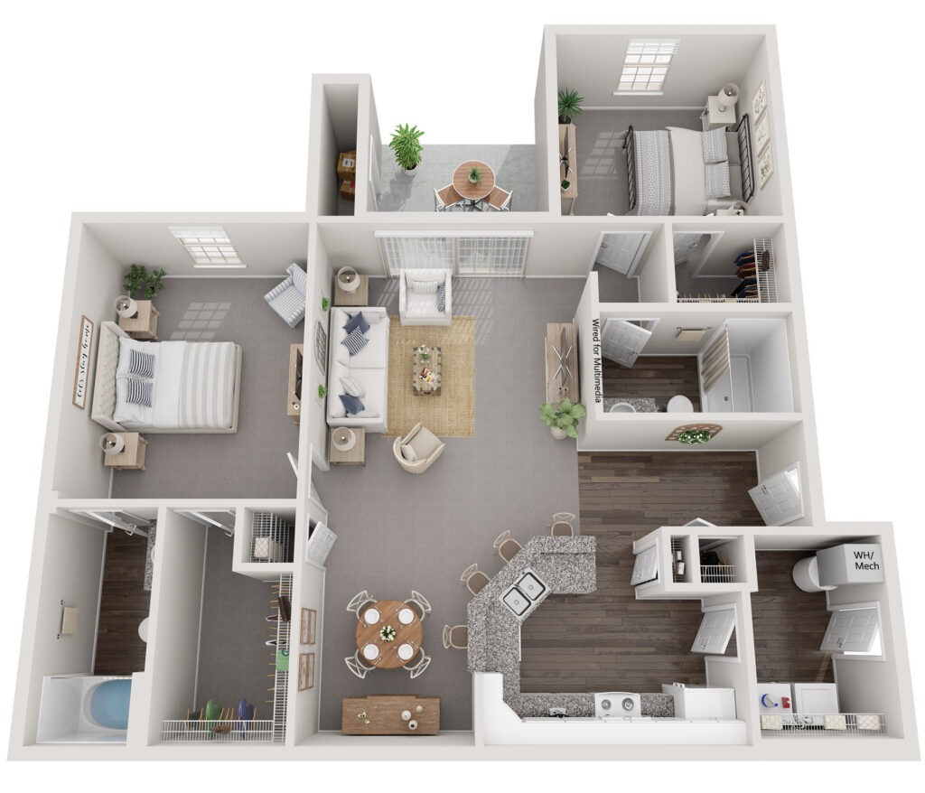 An overhead view of The Waterways at Lake Saint Louis' Riverside II floor plan with 2 bedrooms and 2 bathrooms, providing 1,185 square feet of space.