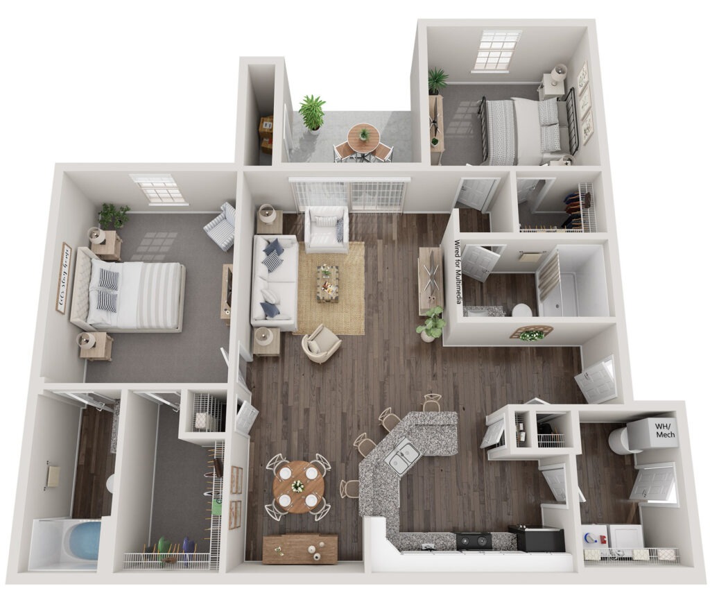 An overhead view of The Waterways at Lake Saint Louis' Riverside II floor plan with 2 bedrooms and 2 bathrooms, providing 1,185 square feet of space.