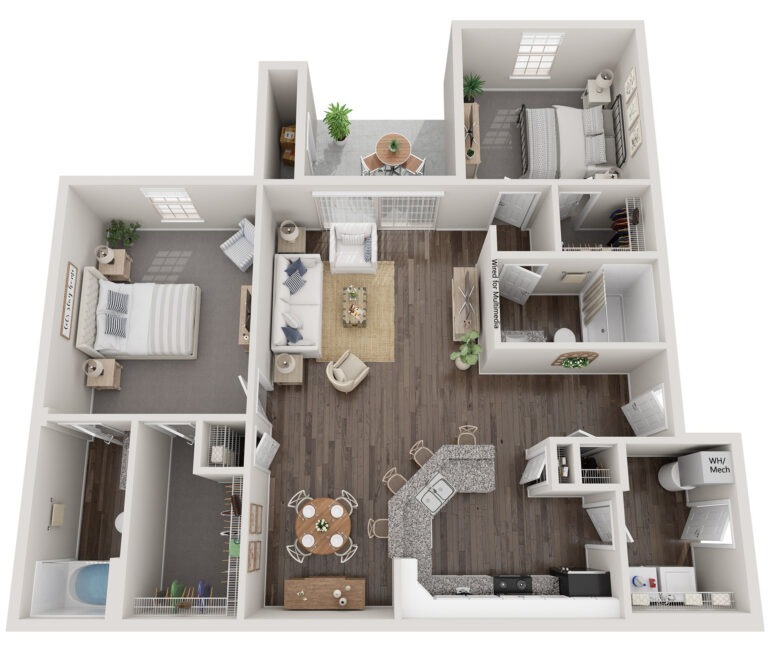 An overhead view of The Waterways at Lake Saint Louis' Riverside II floor plan with 2 bedrooms and 2 bathrooms, providing 1,185 square feet of space.