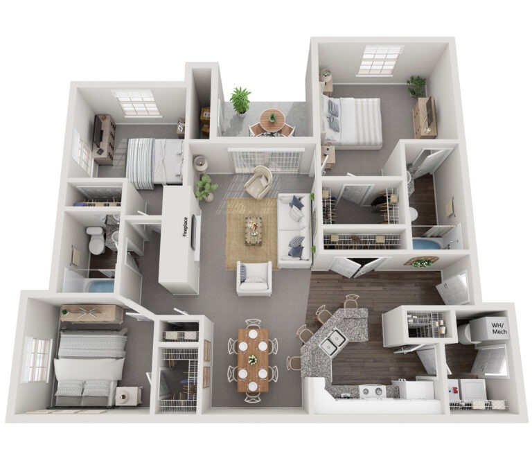 An overhead view of The Waterways at Lake Saint Louis' Waterside I 3-bedroom, 2-bathroom floor plan with 1,350 square feet of space.