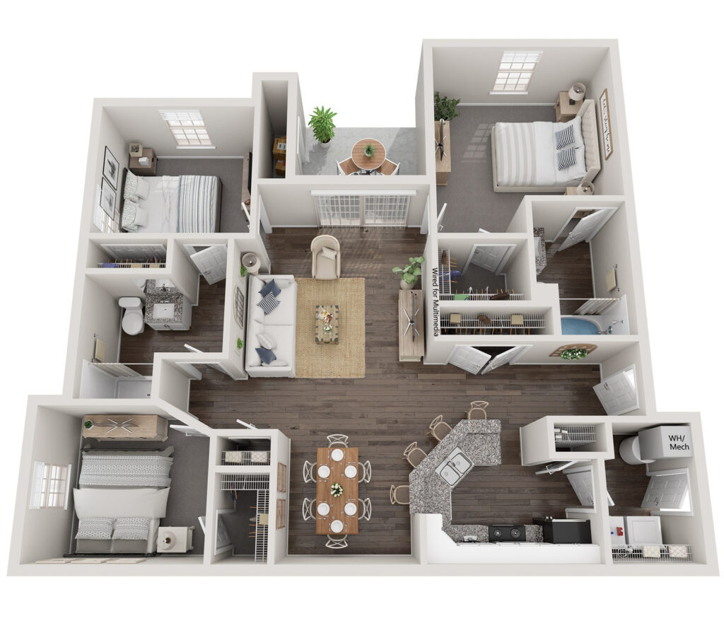 An overhead view of The Waterways at Lake Saint Louis' Waterside II 3-bedroom, 2-bathroom floor plan with 1,450 square feet of space.