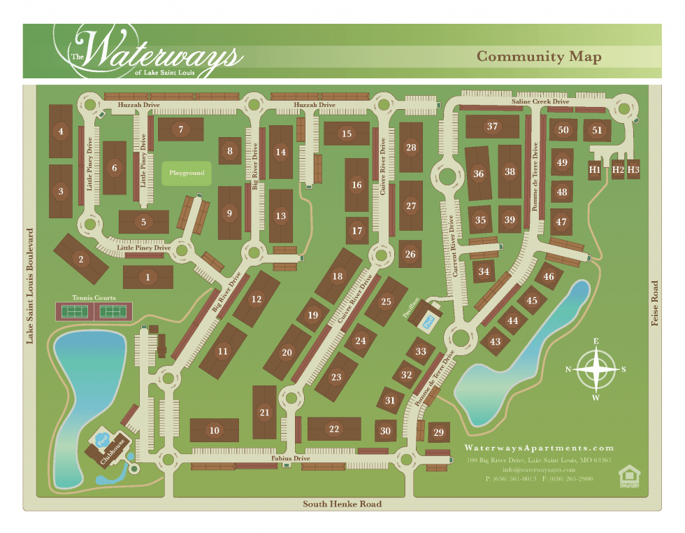 A community map showing The Waterways at Lake Saint Louis' property layout with buildings, ponds, tennis courts, a playground, and streets.