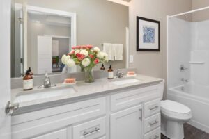 A double vanity bathroom with a large mirror, quartz countertops, plank flooring, and a bathtub.