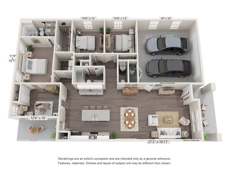 An overhead view of The Waterways at Lake Saint Louis' 4 bedroom, 2.5 bathroom rental home floor plan with 2,400 square feet of space.