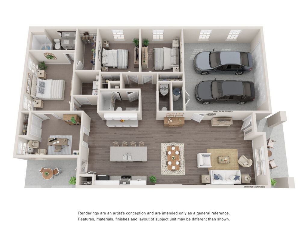 An overhead view of The Waterways at Lake Saint Louis' 4 bedroom, 2.5 bathroom rental home floor plan with 2,400 square feet of space.